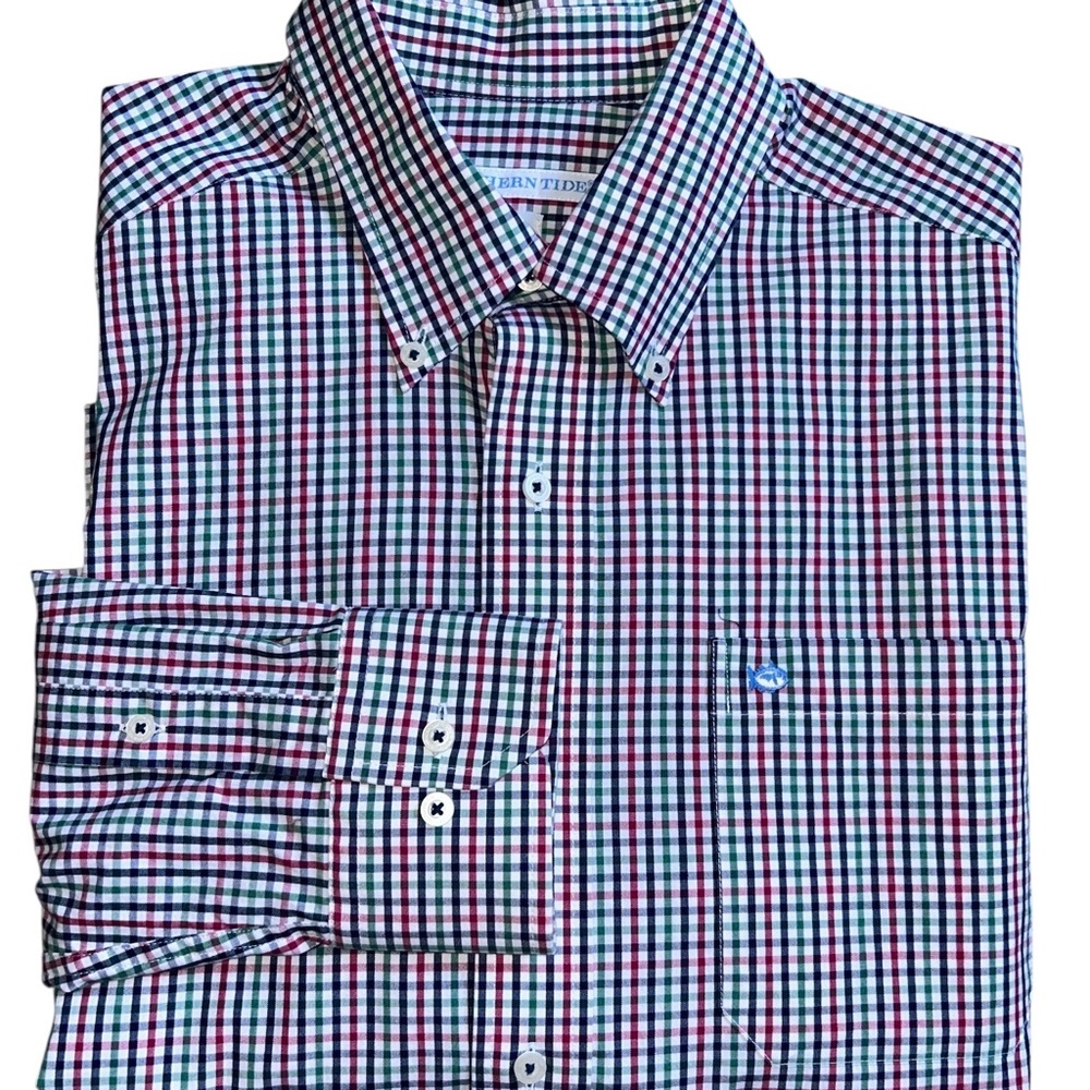 Southern Tide Charleston Summerton Green Navy/Red Plaid Sport Button Down Size M